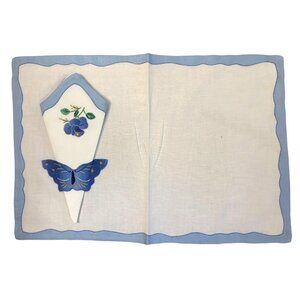Vintage Applique & Embroidered Linen & Cotton Dinner Napkins Set Of 4 With Blue